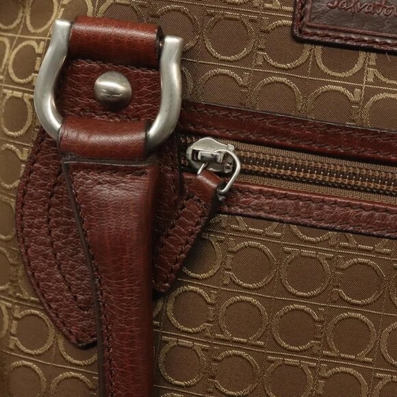 Salvatore Ferragamo Gancini Tote Bag Canvas Brown Silver Auth - Picture 8 of 16